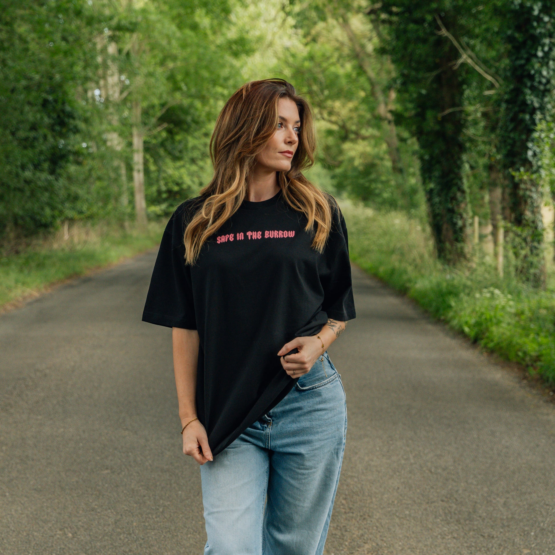 Safe In The Burrow Oversized Unisex T-Shirt - Black & Pink | 100% Cotton